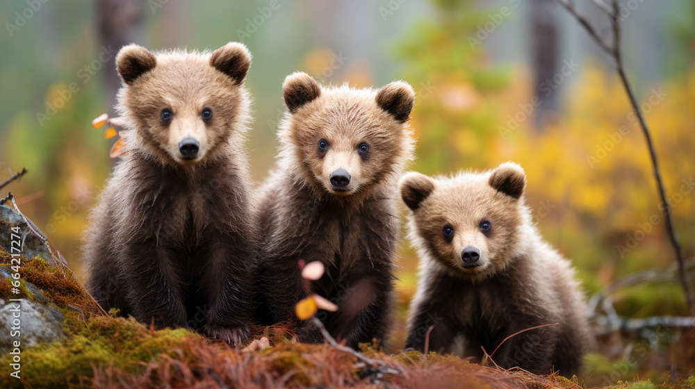 Group of baby brown bears in the wild - obrazy, fototapety, plakaty 