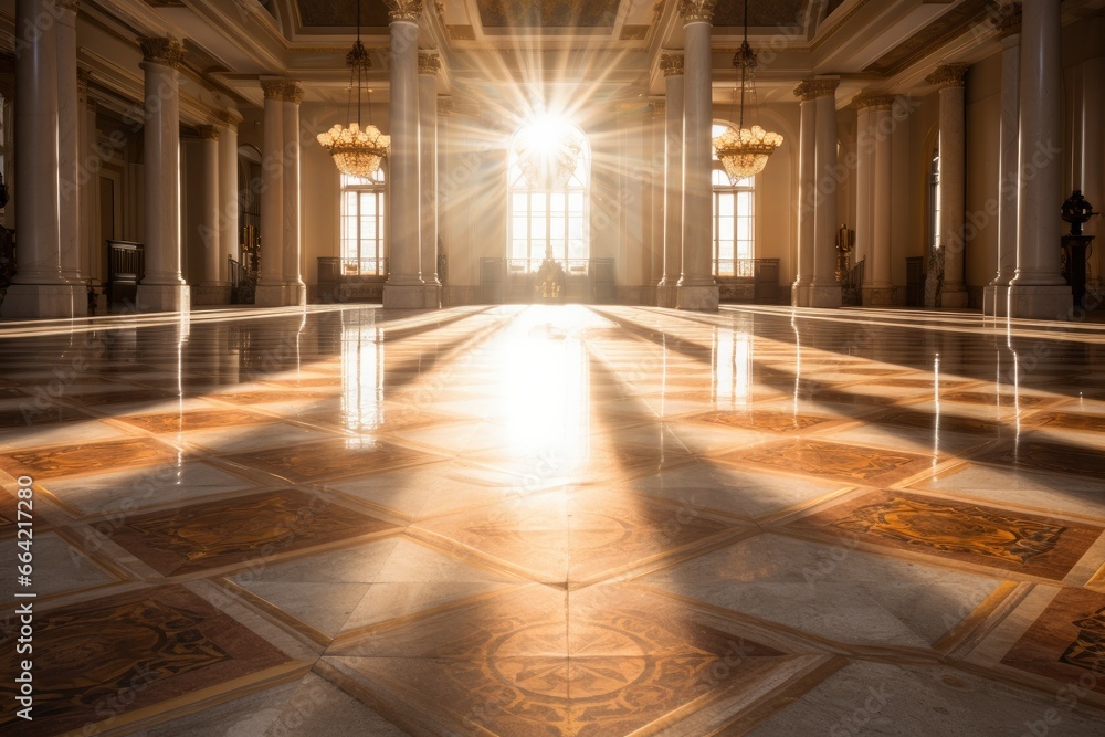 Naklejka premium The sun shines brightly through the windows of a large building. Generative AI.