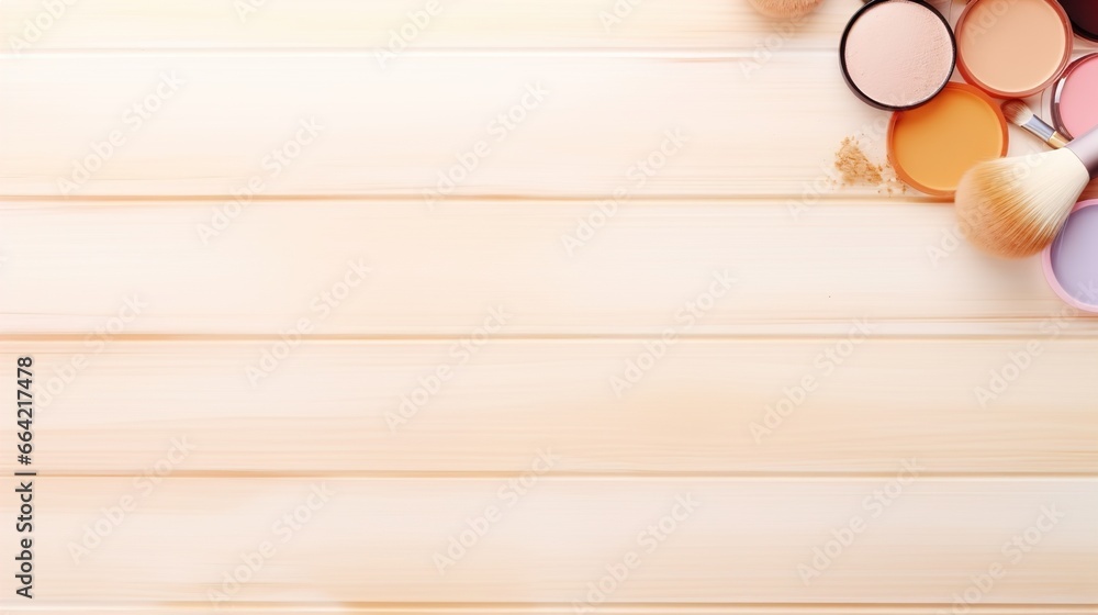 Fototapeta premium Elegance in a Frame, Beauty, Cosmetics, and Women's Equipment on a Light Wooden Background - Shopping and Discount Sale Concept with Text Space 