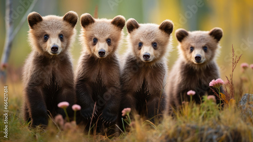 Group of baby brown bears in the wild