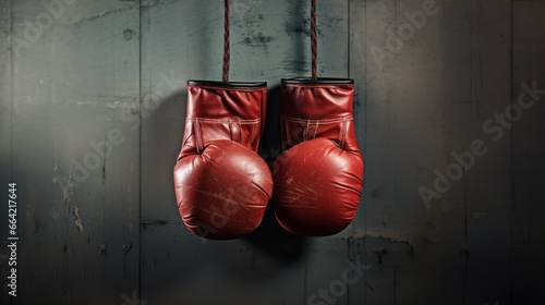 Leather boxing gloves hang, bearing the marks of intense training