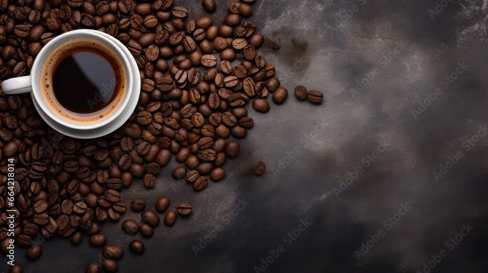 A steaming cup of coffee rests amidst roasted beans, set against a stone background A steaming cup of coffee rests amidst roasted beans, set against a stone background