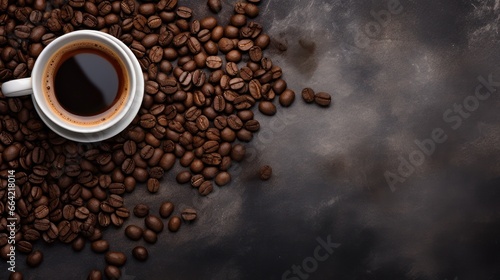 A steaming cup of coffee rests amidst roasted beans, set against a stone background