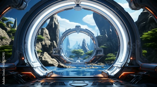 Fototapeta Naklejka Na Ścianę i Meble -  View from inside the cabin of a futuristic spaceship on an exotic alien planet