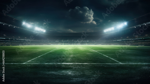 A professional soccer pitch glistens under stadium lights
