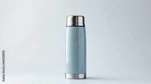 A stainless steel thermos gleams on white background