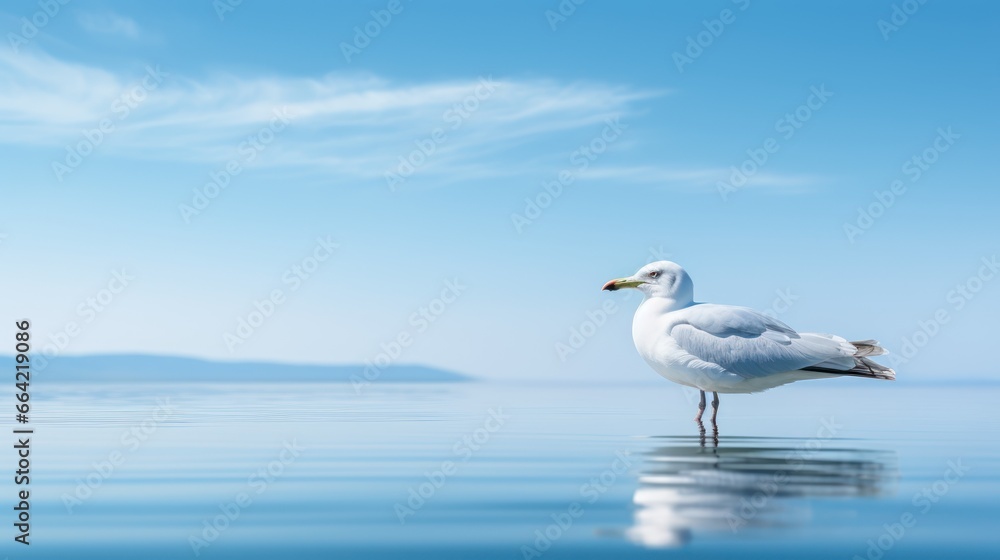 Obraz premium A pristine white seagull stands poised on calm waters, its reflection mirroring its grace