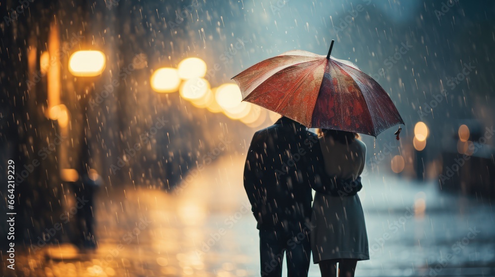 Couples, hand in hand, wander in the rain, their shared moments wrapped in romance