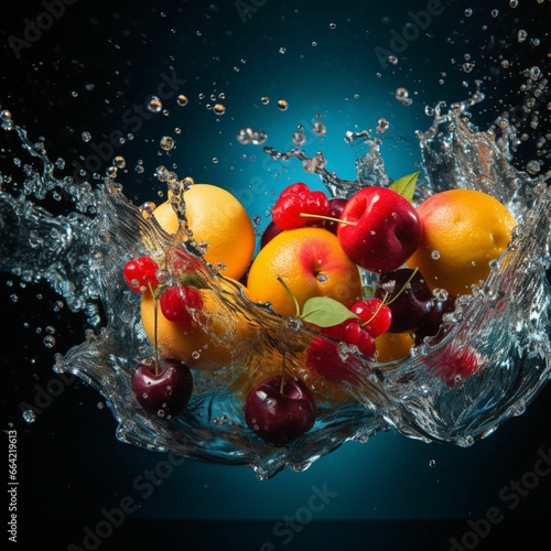 Wide shot of fruits falling into water with splashes, without distortion, high definition, in a modern style