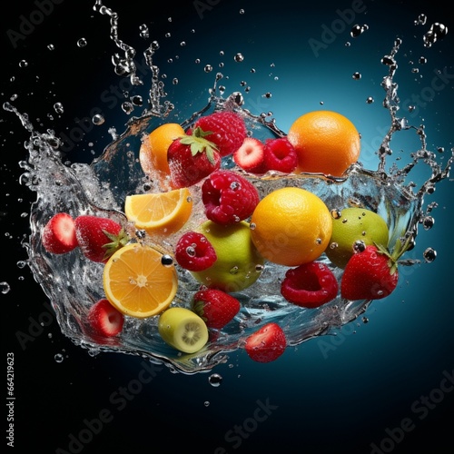 Wide shot of fruits falling into water with splashes, without distortion, high definition, in a modern style