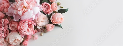 Fresh bunch of pink peonies and roses with copy space.