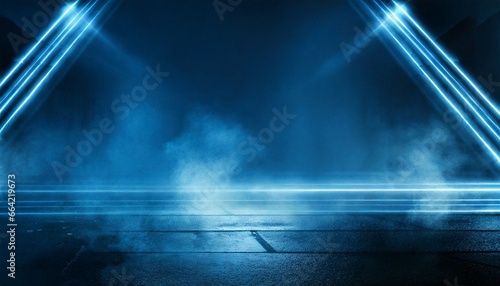 Dark background of empty foggy wet asphalt in the night illuminated by a searhlight © CreativeStock