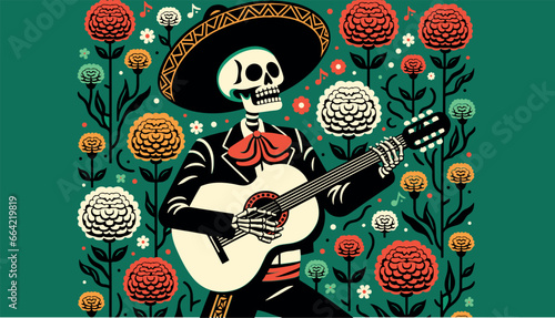 Flat vector art of a mariachi skeleton playing a guitar, with a vibrant background of cempasúchil (marigold) flowers