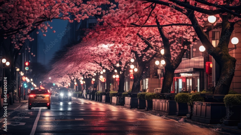 A bustling Tokyo street at night and cherry blossoms in full bloom along the avenue