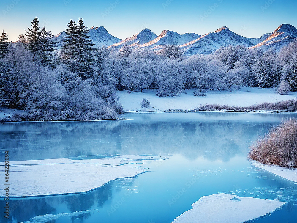 Beautiful shot of the water reflecting the snowy trees under a blue sky, great for a background Beautiful shot of the water reflecting the snowy trees under a blue sky, great for a background