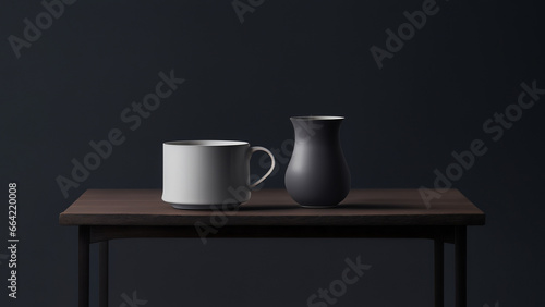 Still Life: Cup and Vase on Brown Table in Dimly Lit Room