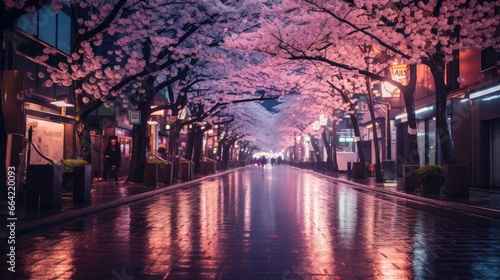 A bustling Tokyo street at night and cherry blossoms in full bloom along the avenue photo