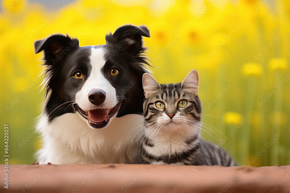Cat and dog together with happy expressions. AI Generated