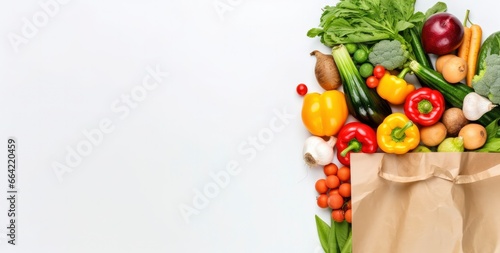 Healthy food in paper bag vegetables and fruits on white background.