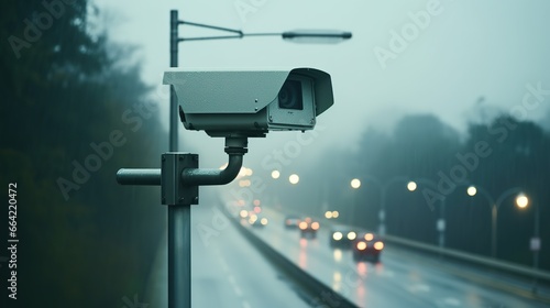 Security camera on the road fines for speeding fast cars photo