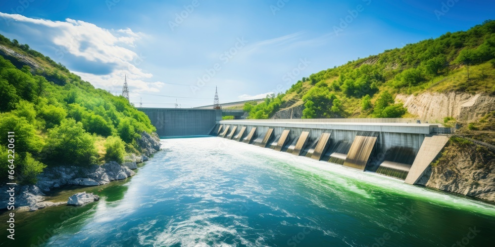 Hydroelectric dam generating green energy from flowing water. - obrazy, fototapety, plakaty 