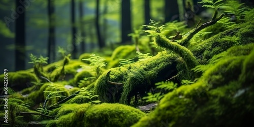 Green moss closeup, with a backdrop of woodland. Forest in the national park.