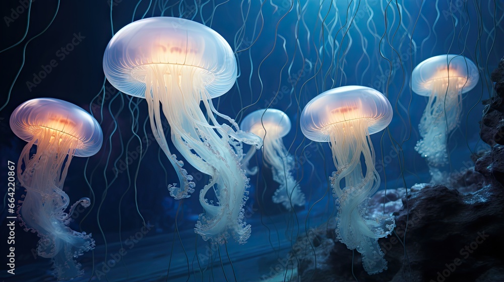 a group of jellyfish swimming in a tank at night. generative ai a group of jellyfish swimming in a tank at night. generative ai