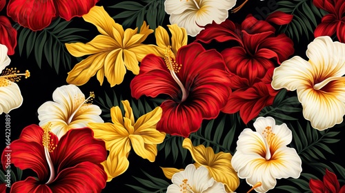  a black background with red  white and yellow flowers and leaves.  generative ai