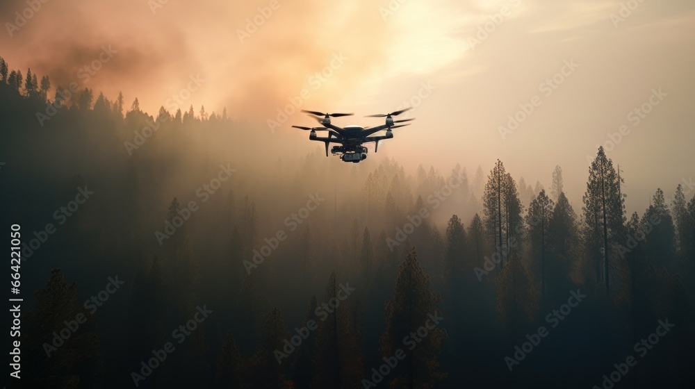 Drone to survey flight to help extinguish forest fires in great wildfire. Drone to survey flight to help extinguish forest fires in great wildfire.