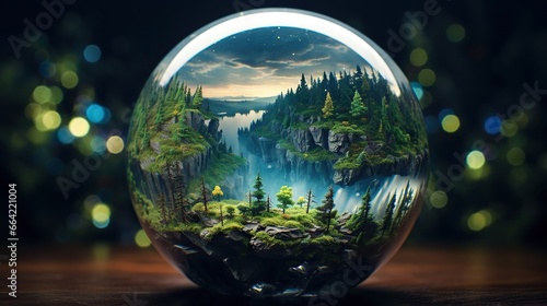  a glass ball with a painting of a forest scene inside of it. generative ai