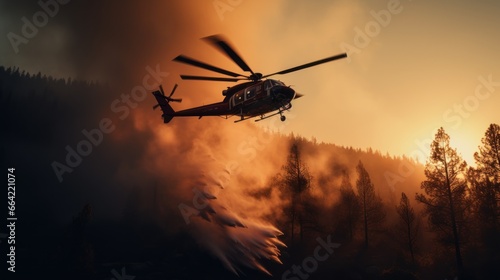 Helicopters survey flight to help extinguish forest fires.