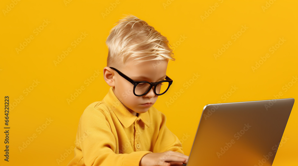 kid using laptop isolated on yellow background 