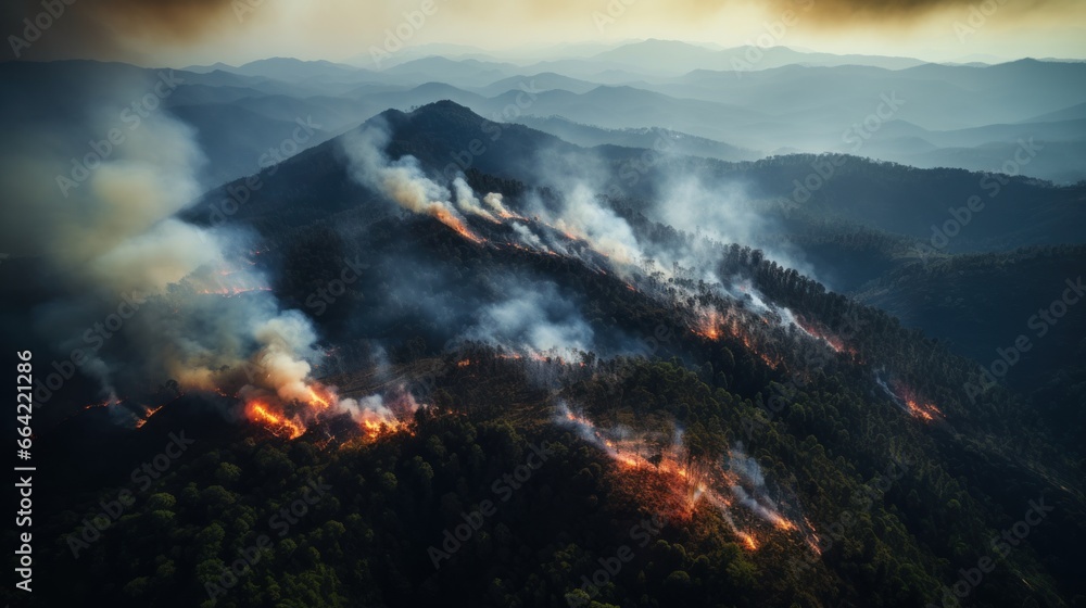 Fototapeta premium Great wildfire burning the a large forest, global crisis of climate change, protecting the world from global boiling crisis.