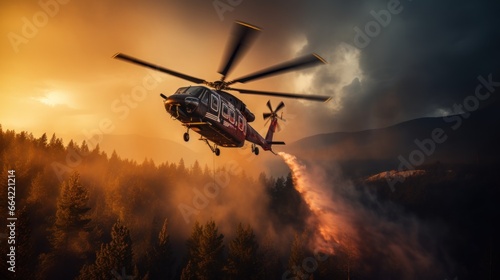 Helicopters survey flight to help extinguish forest fires.