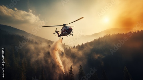 Helicopters survey flight to help extinguish forest fires.