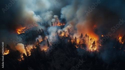 Great wildfire burning the a large forest, global crisis of climate change, protecting the world from global boiling crisis.