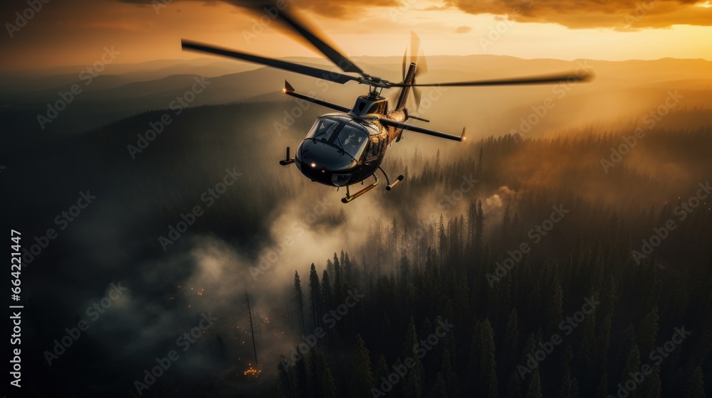 Helicopters survey flight to help extinguish forest fires. Helicopters survey flight to help extinguish forest fires.