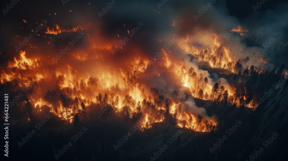 Great wildfire burning the a large forest, global crisis of climate change, protecting the world from global boiling crisis. Great wildfire burning the a large forest, global crisis of climate change, protecting the world from global boiling crisis.
