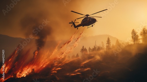 Helicopters survey flight to help extinguish forest fires.