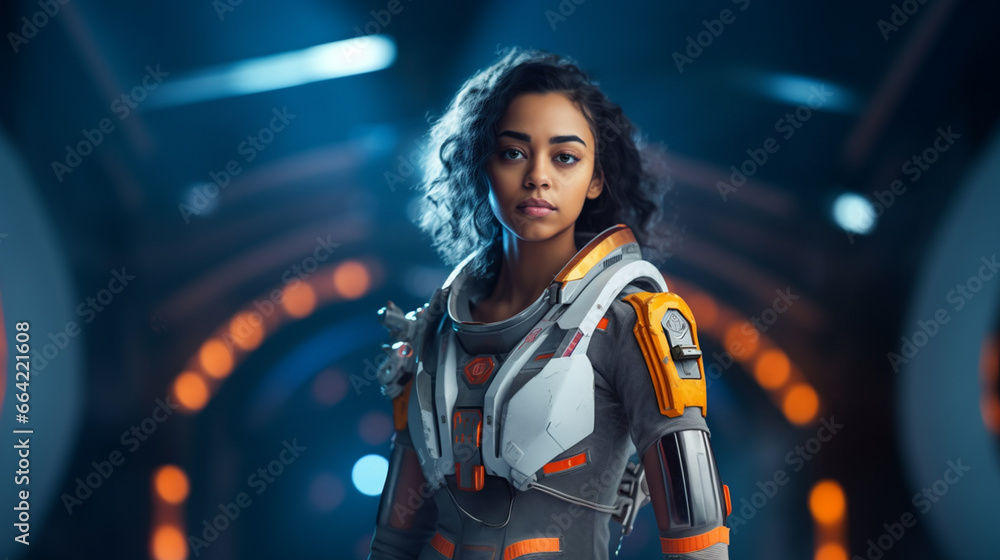 A determined Asian woman in a white and grey spacesuit stands in a futuristic space station, her face reflecting curiosity and resolve, embodying the spirit of space exploration. A determined Asian woman in a white and grey spacesuit stands in a futuristic space station, her face reflecting curiosity and resolve, embodying the spirit of space exploration.