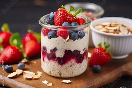 Mixed berries overnight oats with almond flakes in a glass jar, healthy breakfast.