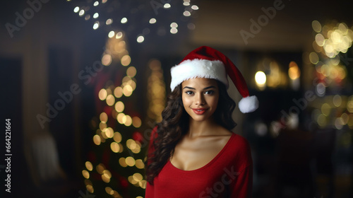 Young woman in Santa hat, smiling by Christmas tree. Festive indoor setting exudes warmth and joy.