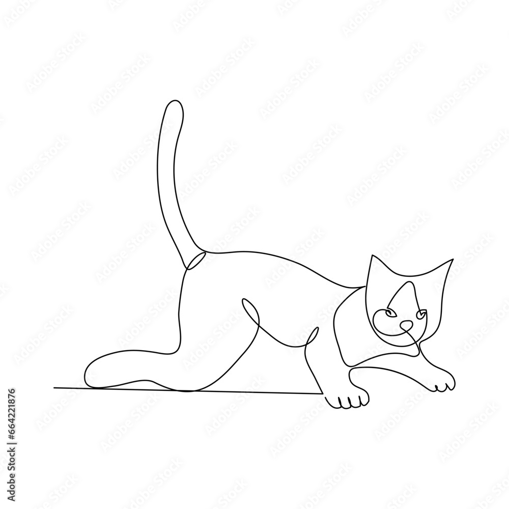 Continuous One line cat drawing outline vector art illustration