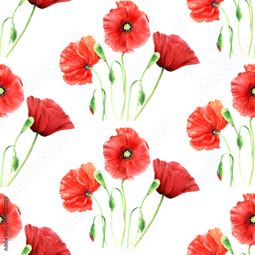 Seamlesss pattern with red wild poppies. Watercolor illustration isolated on white for decor, textile, fabric, wrapping.
