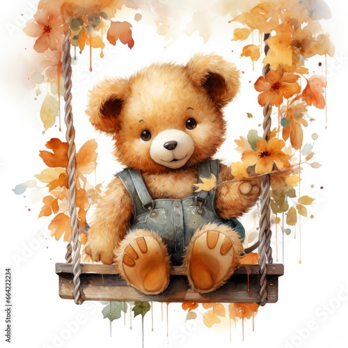 A cute happy teddy bear swings on a tree on a white background. © Ahasanara