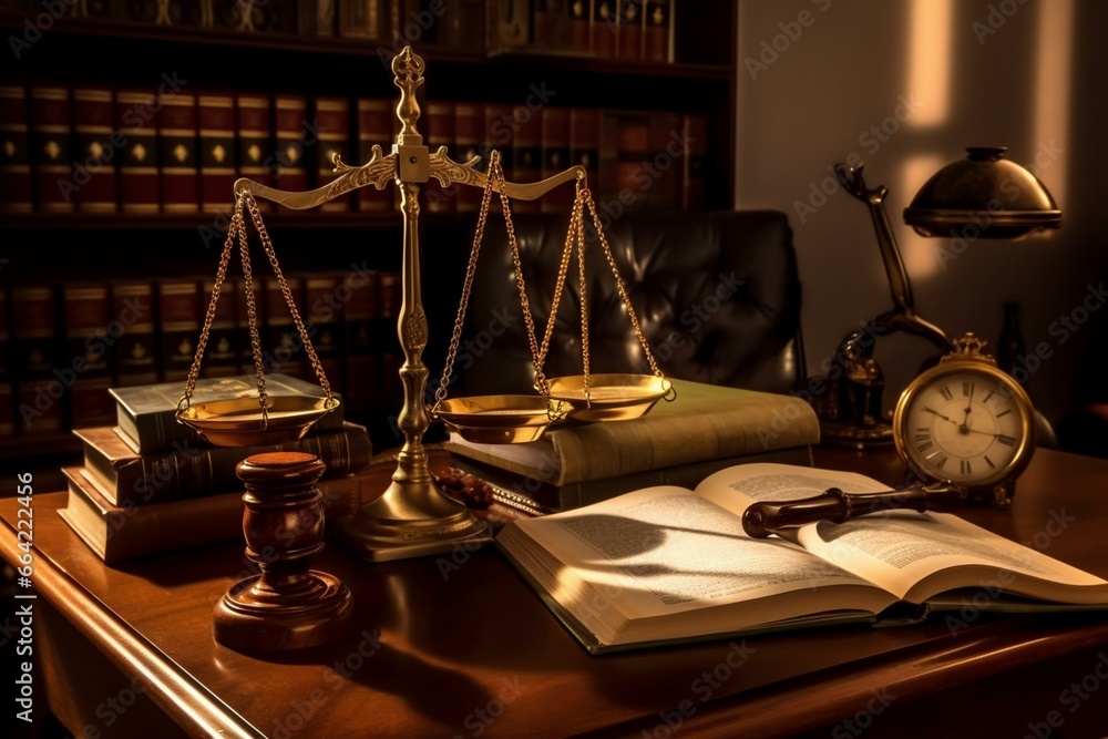 Legal scene with gavel, law books, scales, and desk. Generative AI