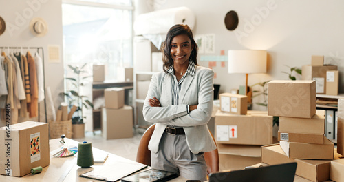 Happy woman, portrait and small business professional in logistics, supply chain or fashion boutique. Confident female person smile with arms crossed in management, distribution and boxes at store photo