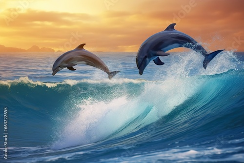 Playful dolphins jumping over breaking waves. Hawaii Pacific Ocean wildlife scenery. © Ahasanara