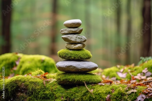 Pyramid stones balance on old mossy fallen tree.