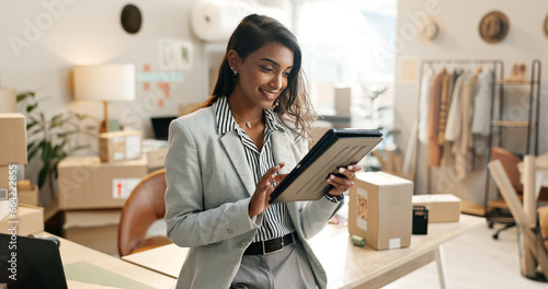 Fotografía Tablet, woman and online stock check with shipping company, logistics and e commerce with tech